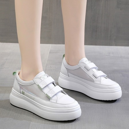 White Shoes Women's Spring New Flat-Bottom Heightening Shoes Thin Casual Hollow Breathable Shoes